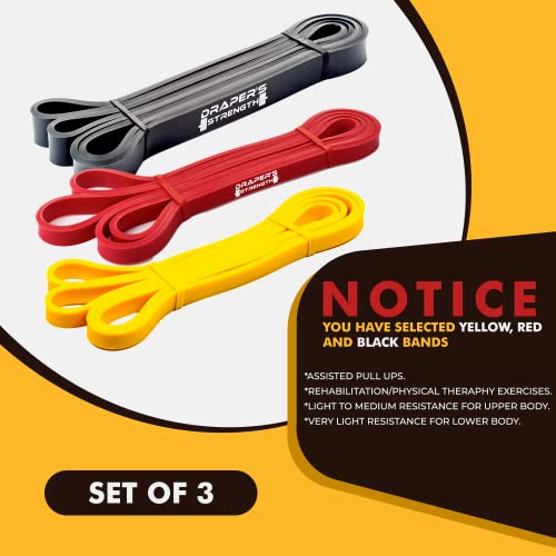 Draper's Strength Heavy Duty Resistance Stretch Loop Bands for Powerlifting Workout Exercise and Assisted Pull Ups - color: #08 3 Band Set Yellow-Black