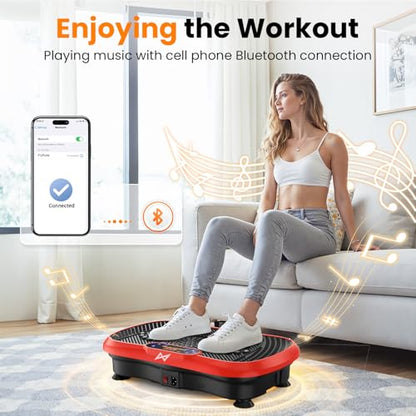AXV Vibration Plate Fitness Platform Exercise Machine Body Vibrating Board | Curved Design Powerful 200W Bluetooth Oscillating Shake Plate for Lymphatic Drainage Recovery Whole Body Toning With Handles - color: BT.PRO.RED