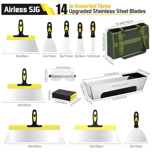 14-Piece Drywall Knife Set, Stainless Steel with Mud Pan | 14 pcs drywall tools: putty knives, taping knives, 14" mud pan, Oxford bag & sanding block for home repair.