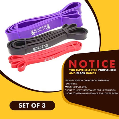 Draper's Strength Heavy Duty Resistance Stretch Loop Bands for Powerlifting Workout Exercise and Assisted Pull Ups - color: #09 3 Band Set Red-Purple