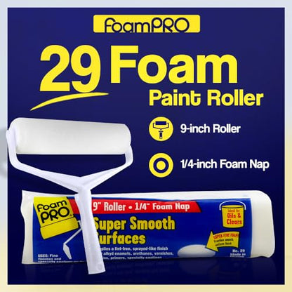 FoamPRO 29 Foam Paint Roller, 9" x 1/4" - Smooth Surface Foam Roller for Doors, Cabinets, & Metal - High Density Foam for Oil & Water-Based Paints - Streak-Free, Lint-Free Results - 1 Piece - size: 9" x 1/4", style: Smooth Finish