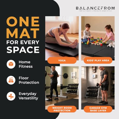 BalanceFrom 6x2 Feet 3-Panel Folding Gymnastics Mat – 2-Inch Thick Pad with Vinyl Surface and Carrying Handles for Tumbling, Yoga, Pilates, Home Workouts, and Martial Arts - color: Black2
