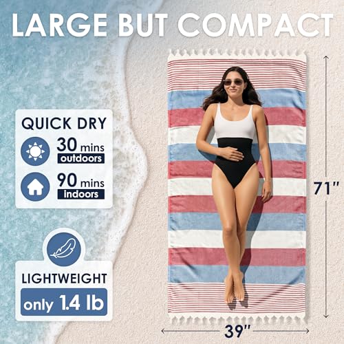 ATANI Turkish Beach Towel, Converts to a Bag, Oversized 100% Cotton Bath Towels Lightweight Quick-Dry Beach Blanket for Travel, Picnic, Camping, Yoga and Pool (Red x Navy Blue, 71 inc x 39 inc) - color: Red X Navy Blue, size: 71 inc x 39 inc