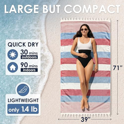 ATANI Turkish Beach Towel, Converts to a Bag, Oversized 100% Cotton Bath Towels Lightweight Quick-Dry Beach Blanket for Travel, Picnic, Camping, Yoga and Pool (Red x Navy Blue, 71 inc x 39 inc) - color: Red X Navy Blue, size: 71 inc x 39 inc
