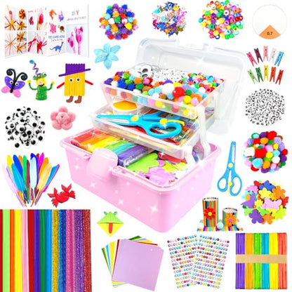 3000 Arts and Crafts Supplies for Kids Craft Kit Craft Box with Pipe Cleaners Arts and Crafts for Kids Age 4-6, 6-8, 8-12 DIY School Supplies Materials Set Toys Gifts for Girls Boys Toddlers, Pink - color: pink
