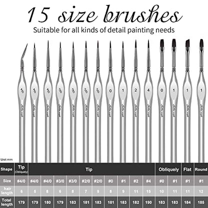 Golden Maple Miniature Paint Brushes, 15PC Model Brushes Micro Detail Paint Brush Set, Fine Detailing for Acrylics, Oils, Watercolors & Paint by Number, Figurine (Silver) - color: Silver