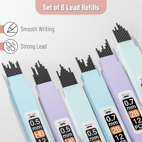 Mr. Pen- Pastel Mechanical Pencil Set with Lead Refills & Erasers, 6 Pack | 2 Sizes, 0.5 & 0.7mm, 6x Tubes HB & 2B Lead Refill, 3x Erasers for School Supplies, Note Taking, Drawing, Sketching, Office