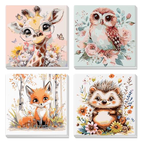 4 Pack Paint by Numbers Kit for Kids Beginner with Wooden Frame, Cute Giraffe, Owl, Fox, Hedgehog, Paint by Numbers Kit for Adults, Adorable Animal, DIY Painting Kits for Home Wall Decor 8x8 inch - color: animal-05