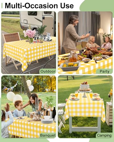 Smiry 8 Packs Gingham Disposable Table Cloth, 54 x 108 Inch Waterproof Plastic Tablecloth, Rectangle Yellow and White Checkered Table Covers for Picnic, Birthday, Party - color: Yellow and White, size: 54"x108" (Pack of 8)