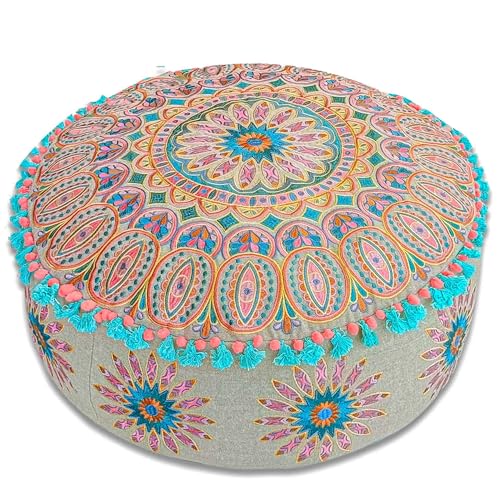 Mandala Life ART Moroccan Large Floor Pillow Cover with Tassels and Ponpon Bedroom Décor Round Pouf Ottoman Boho Chic Seating Area Beanbag Footstool Stool Cotton 24x8 Unstuffed - color: Bliss Garden, style: Pouf Cover