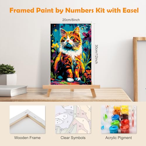 MOGTAA Cat Paint by Numbers Kit for Adults Beginners with Frame, Landscape Adult Paint by Number Kits on Canvas with Easel, Easy DIY Animal Oil Painting Kits for Home Decor, 8x12in - color: Cat