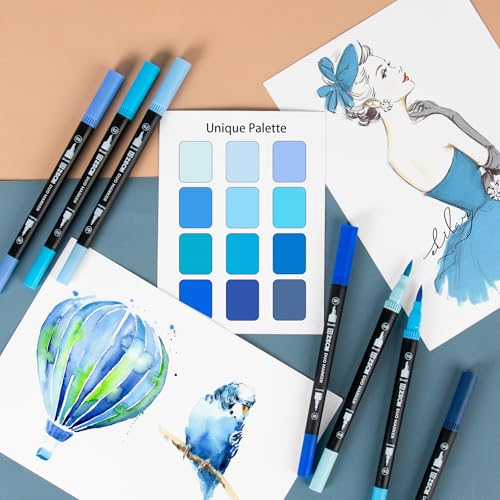 Blue Duo Tip Marker Pens, 12 Fine & Brush Tip Pen For Adult Coloring Books | No Bleeding Ocean Blue Markers, Drawing Pen for Sky & Sea Landscapes, Water Effects, Calming Mandalas and Journaling - color: 12 Blue