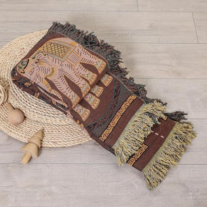 Elephant Pattern Cotton Boho Throw Blanket for Bed with Tassels 90"×98" - color: Brown Elephant, size: 90"x98"