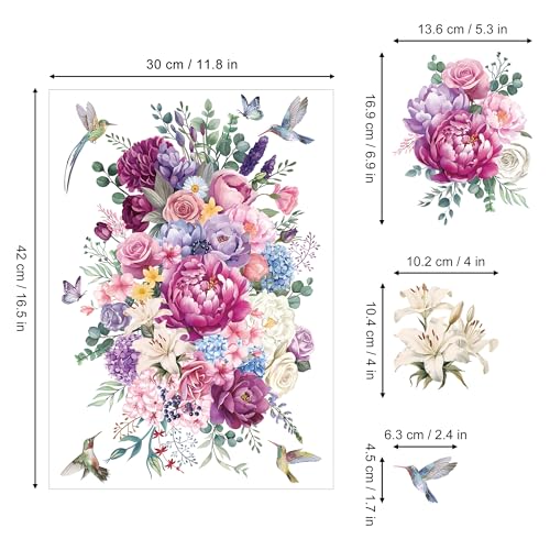 Joeyan Floral Rub On Transfers for Furniture and Crafts, 2 Large Watercolor Peony Design Sheets 12''x18'', DIY Home Decal on Wood Glass Metal Canvas Porcelain Paper Plastic, Pink and Purple - style: Pink and Purple Peony