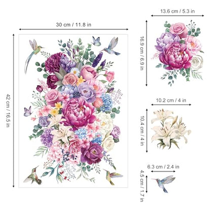 Joeyan Floral Rub On Transfers for Furniture and Crafts, 2 Large Watercolor Peony Design Sheets 12''x18'', DIY Home Decal on Wood Glass Metal Canvas Porcelain Paper Plastic, Pink and Purple - style: Pink and Purple Peony