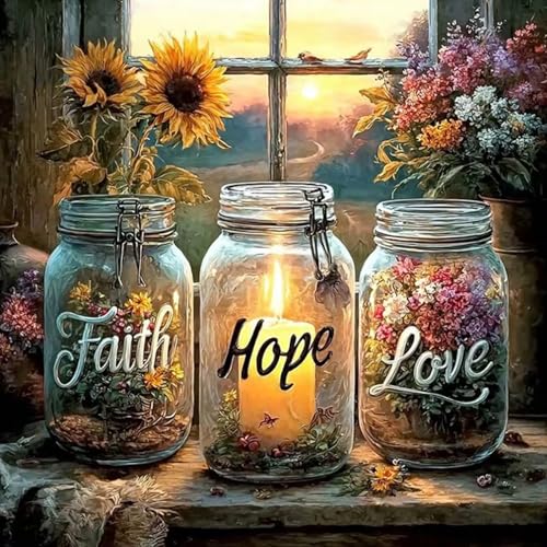 wavaiov Faith Hope Love Wishing Bottle Diamond Art Kits for Adults, 5D DIY Inspirational Diamond Painting Kits for Beginners, Sunflower Full Round Dots Drill Gem Art Kit for Home Decor 12x12Inch - color: XYJ101