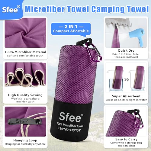 Sfee 2 Pack Microfiber Travel Towel, Quick Dry Towel Camping Beach Towel Super Absorbent Compact Lightweight Sports Gym Towels Set for Beach, Gym, Hiking, Pool, Backpacking, Bath, Yoga - color: Purple, size: S 32" x 16"+ 32" x 16"
