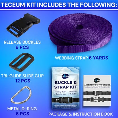 TECEUM 1" Nylon Strap Kit with Buckles, Dark Purple 6 yards Repair Set | Heavy duty hardware kit: 6yd webbing, 6 quick release buckles, 12 tri-glide slide clips, 6 metal D-rings for crafting. - color: Dark Purple, size: 1" - 6 yards, style: 6 Buckle - 12
