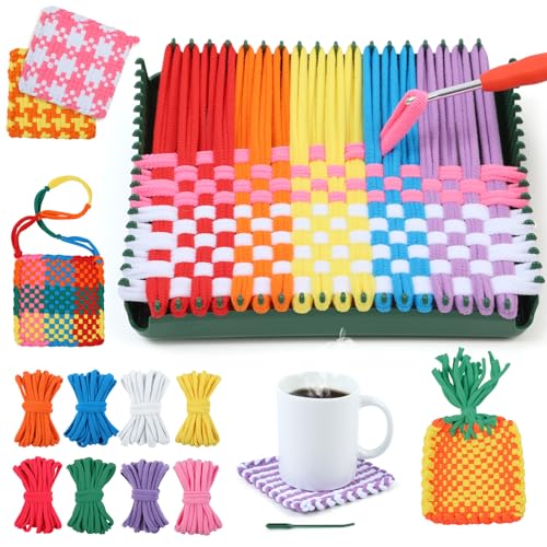 IQKidz Weaving Loom Kit for Girls Ages 8-12, DIY Arts and Crafts for Kids and Adults, Great Toy Gifts for Beginners 6-8 9 10 11 12, Potholder Knitting Loom with 224 Refill Loops - size: Integrated Loom