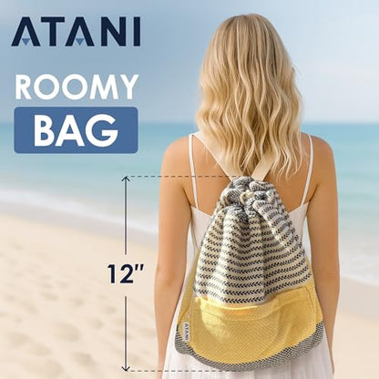 ATANI Turkish Beach Towel, Converts to a Bag, Oversized 100% Cotton Bath Towels Lightweight Quick-Dry Beach Blanket for Travel, Picnic, Camping, Yoga and Pool (Black x Yellow, 71 inc x 39 inc) - color: Black X Yellow, size: 71 inc x 39 inc