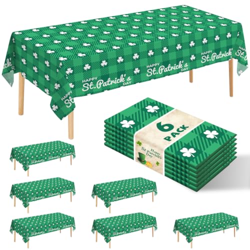 6 Pack Clover Checkered Disposable Plastic Tablecloth 54" x 108" Green Shamrock Party Table Cloths Disposable for 6 to 8 Foot Tables St Patricks Day Party Indoor or Outdoor (Clover Checkered) - color: Clover Checkered