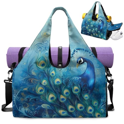 Yoga Mat Bag for Men Women Canvas Yoga Mat Carrier Take In Out Mat Easily for Beach Swim Bags Pool Sports Gym - color: Blue Peacock