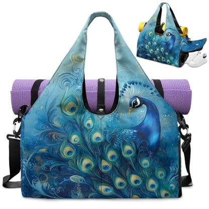 Yoga Mat Bag for Men Women Canvas Yoga Mat Carrier Take In Out Mat Easily for Beach Swim Bags Pool Sports Gym - color: Blue Peacock