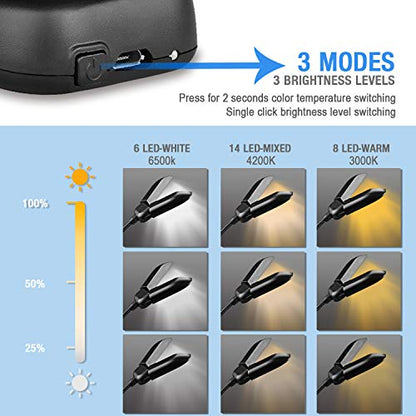 Vekkia 14 LED Book Light with Charger & Travel Case | Cover Both Page, Warm/White Reading Light with Clamp/Lightweight Eye Care Book Lamp/Great for Readers - color: Sable Black