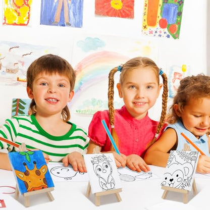 Tenceur 48 Pcs Kids Paint Party Set, 12 Pre Drawn Animal Canvas with Easel | Wooden Easel, Paint Pots, Brushes, Mini Apron, Tote Bag for Art Class, Birthday Parties, Back to School Activities - style: Stylish
