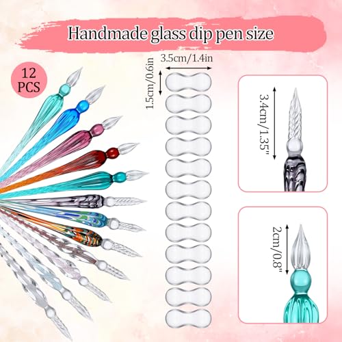 12 Pcs Glass Dip Pen Set with Penholders, Handmade High Borosilicate Crystal Signature Calligraphy Pens in 12 Colors for Writing, Drawing, Ink Art (Vintage Style)