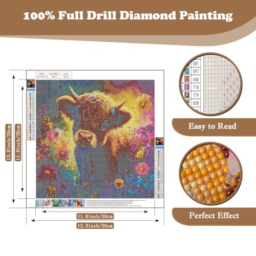 Cow DIY Diamond Art Kits for Adults, Flowers 5D Diamond Painting Kits | Gem Painting, Dimond Art Paintings Kit, Full Drill Diamond Dot for Home Wall Decor 14 X 14 Inch - color: CM071