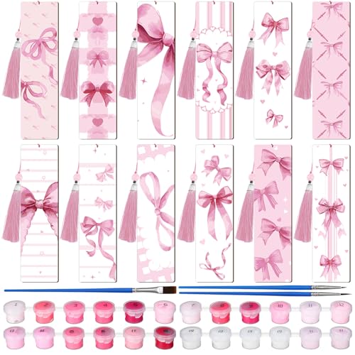 Kosiz 12 Pcs Pink Bow Paint by Number Kit for Adult Wood Bookmark | Mini Paint by Numbers Kit, Painting Decor, Tiny Tassels Blank Bookmarks, for Small DIY Craft Book Lovers Gift 7x2 '' - style: Pink Bow