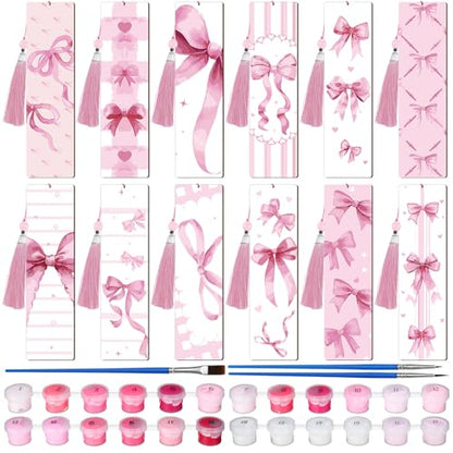 Kosiz 12 Pcs Pink Bow Paint by Number Kit for Adult Wood Bookmark | Mini Paint by Numbers Kit, Painting Decor, Tiny Tassels Blank Bookmarks, for Small DIY Craft Book Lovers Gift 7x2 '' - style: Pink Bow