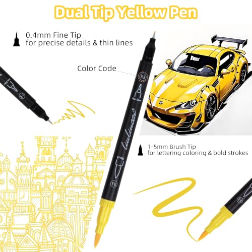 LIULIUCAI 10 Yellow Dual Markers, Fine & Brush Tip Pen for Adult Coloring | Yellow Markers, Drawing Pen for Sunflower, Fall Art, Highlights, Hand Lettering & Warm Accents, No Bleeding - color: 10 Yellow