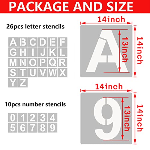 YEAJON 14 Inch Letter Stencils and Numbers, 36 Pcs Alphabet Art Craft Stencils, Reusable Plastic Templates for Wood, Wall, Fabric, Rock, Signage, DIY Art Projects - size: 14 Inch
