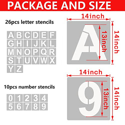 YEAJON 14 Inch Letter Stencils and Numbers, 36 Pcs Alphabet Art Craft Stencils, Reusable Plastic Templates for Wood, Wall, Fabric, Rock, Signage, DIY Art Projects - size: 14 Inch