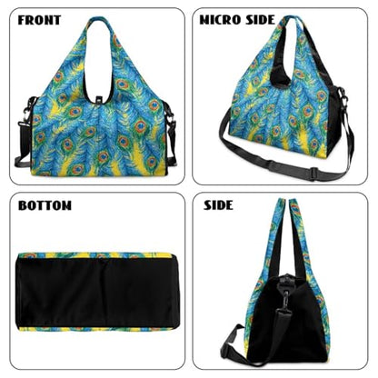 Yoga Gym Bag with Removable Adjustable Shoulder Strap, Shoe Compartment & Top Yoga Mat Holder 17.72x8.66x9.84in - color: Blue Peacock Feather Print