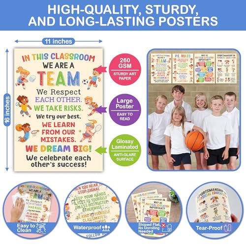 Lalunia 4 Pcs Classroom Exercise Posters (11x16) - Physical Education Class Rules Poster Decoration, Welcome to P.E Wall Art, Kids Workout Activity, Sports Education Supplies for PE Teachers - color: Physical Education