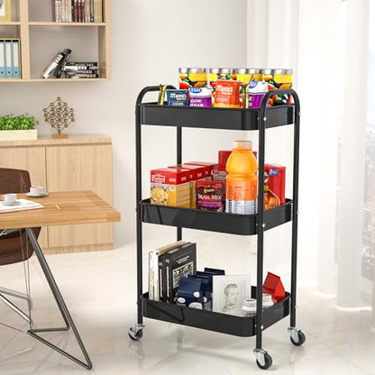 3-Tier Rolling Cart, Metal Utility Storage Carts with Wheels, Black | Multi-Functional Organizer Snack Cart Easy Assembly - color: Black