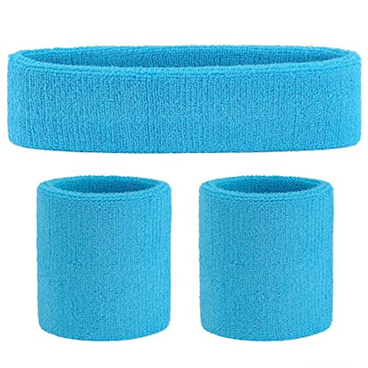 ONUPGO Sweatband Set Sports Headband Wristband Set Sweatbands Terry Cloth Wristband Wrist Sweatband Headbands Moisture Wicking Sweat Absorbing Head Band - color: Neon Blue