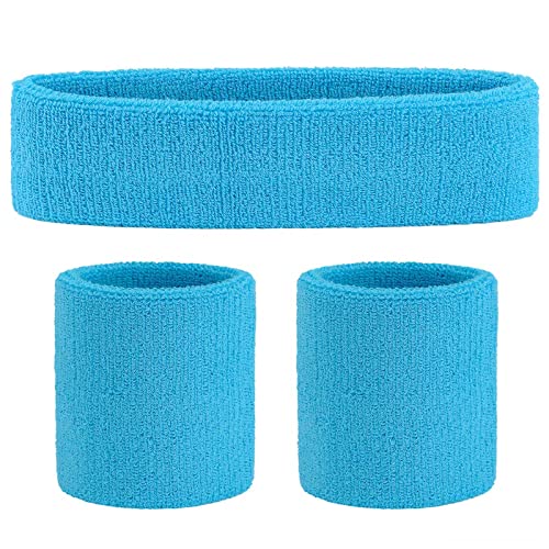 ONUPGO Sweatband Set Sports Headband Wristband Set Sweatbands Terry Cloth Wristband Wrist Sweatband Headbands Moisture Wicking Sweat Absorbing Head Band - color: Neon Blue