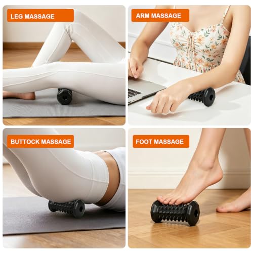 Foot Massager Roller for Plantar Fasciitis, Arch Heel Pain Relief | Portable reflexology Deep tissue massage tool for feet and calf, travel, home and office use - color: Black