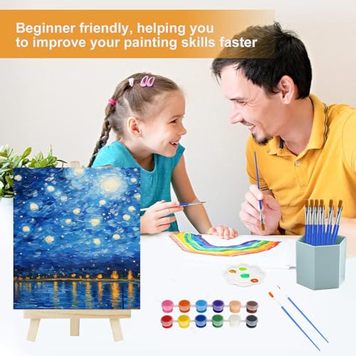 16 Pack Canvas and Easel Set, 8 x 10 inch Painting Kit for Party Supplies | Sip and Paint Kit with 12 Colors Acrylic Paint for Adults Beginners