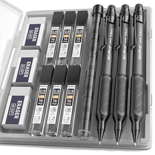 Nicpro Art Mechanical Pencil 0.9mm with Case, 3PCS Mechanical Pencils 0.9 | HD1000 Led Pencils 0.9 mm + 6 Tube HB Lead Refill, Eraser, Weatherproof Barrel for Outdoor Writing Drafting Drawing Sketching - style: 0.9mm(3 Pcs)