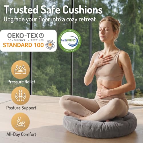 Meditation Cushions Set of 2, Large Floor Pillow for Adults, 22 Inch Round | Reading nook use, Zen relaxation, Tatami seating, Corduroy cover, 3.5 in thick, Shredded memory foam fill, Grey yoga pad - color: Round | Grey | 2 Pack, size: 2 Pack