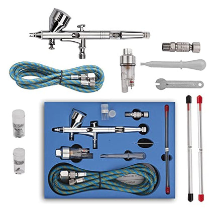 Pinkiou Airbrush Kit with Different Nozzle and Needles Muti-Purpose Dual Action Airbrush Sets with Air Brush 0.2 0.3 &0.5mm Needles and Air Hose for Hobby Model Painting Tattoo Cake Nail Art - color: silver