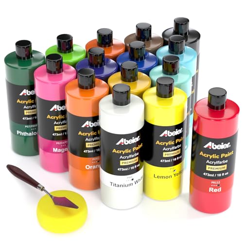 ABEIER Large Bulk Acrylic Paint Set, 15 x 16 fl oz, Non-Toxic | Matte finish, rich pigments, thick consistency, smooth blending, waterproof when dry, palette knife and sponge included - color: 15 Colors