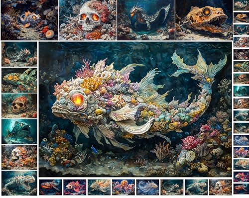 Decoupage Paper Pack (35 Sheets 6"x8") Deep Sea Monsters ~ Terrifying and Fantastical Glowing-Eyed Fish, Skulls, and Coral Beasts from The Abyss, in richly Textured Fantasy Horror Style - color: Twelve