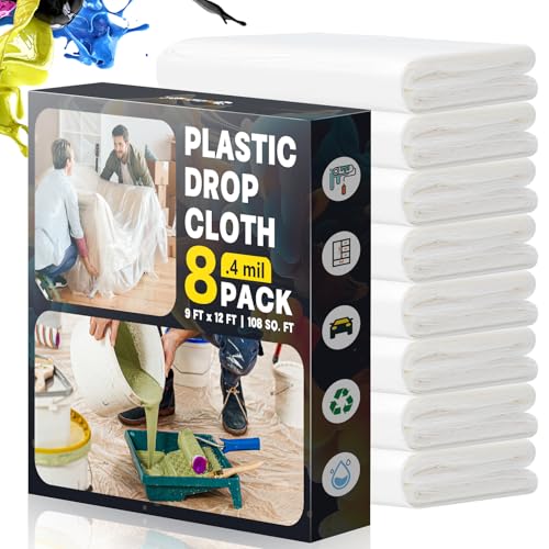Plastic Drop Cloths for Painting, 9x12 Ft Plastic Sheeting, 0.4Mil (8-Pack) | Clear Painter's Plastic Filim, Dust-proof Waterproof Painting Supplies for Furniture, Floor, Couch Protector - size: 8 PCS 9x12 Ft