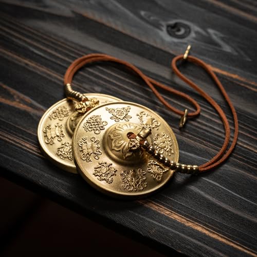 Tibetan Meditation Bell, Brass Tingsha Cymbals with Cloth Bag - size: Eight Symbols with Beads